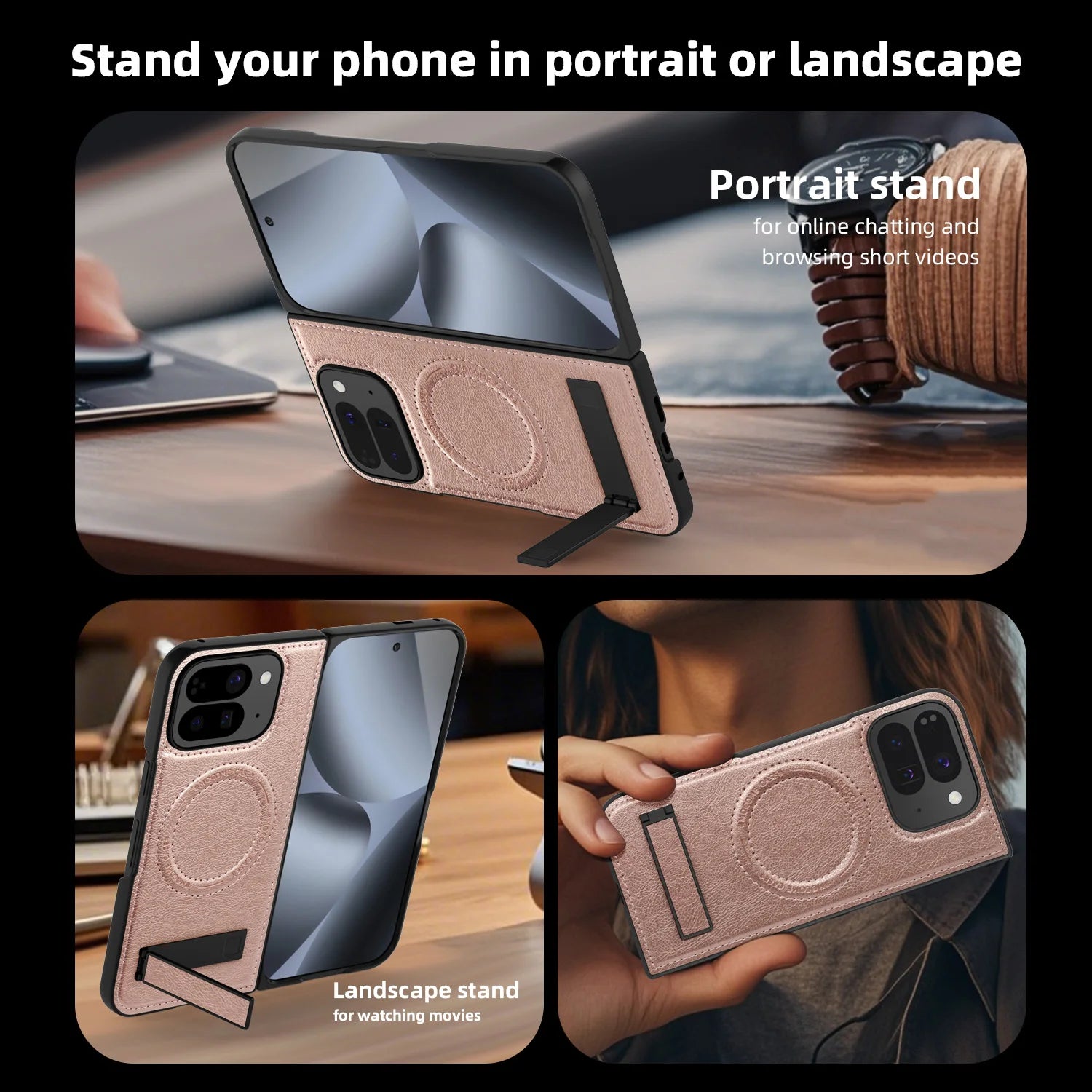 Google Pixel 10 Pro Fold Protective Leather Magnetic Case with Kickstand