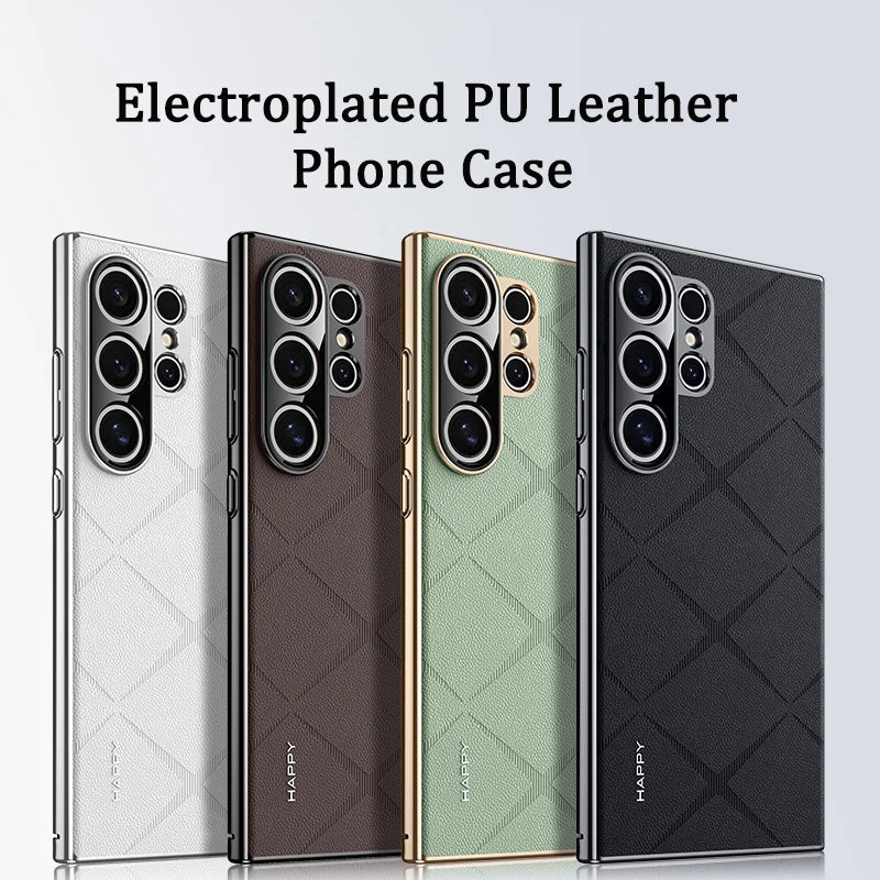 Plaid Grid Leather PU Case with Plating Lens for Samsung Galaxy S24 Series