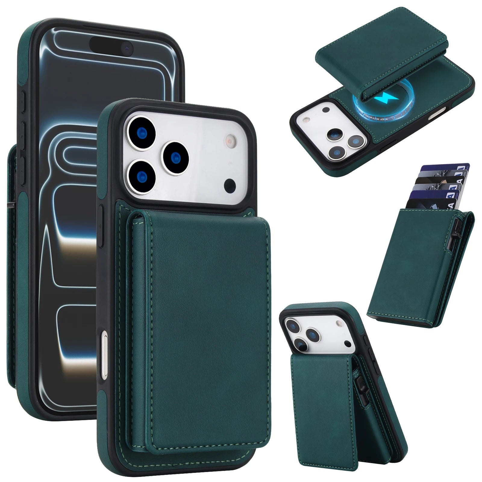 iPhone 17 Series Detachable Leather Wallet Case with Kickstand and RFID Protection
