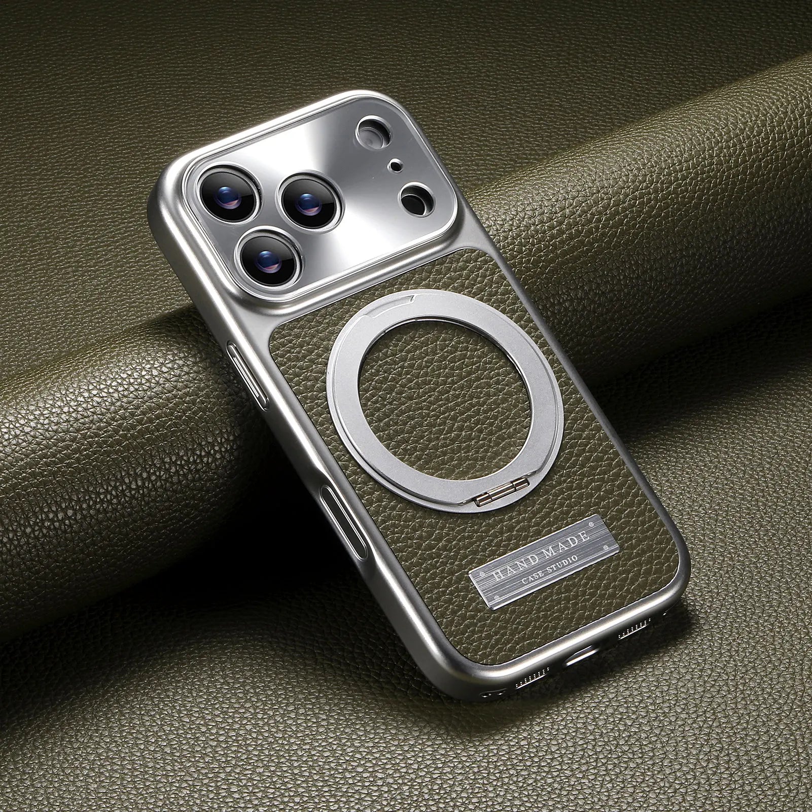 MagSafe Compatible Lychee Leather Case with 360° Kickstand for iPhone 17 Series