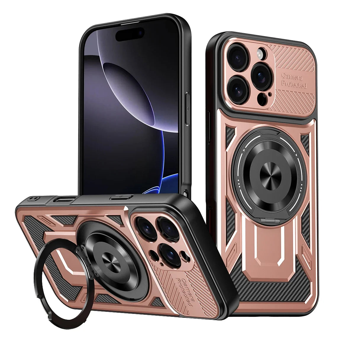Heavy-Duty MagSafe Case with 360° Metal Ring Stand for iPhone 16 Series