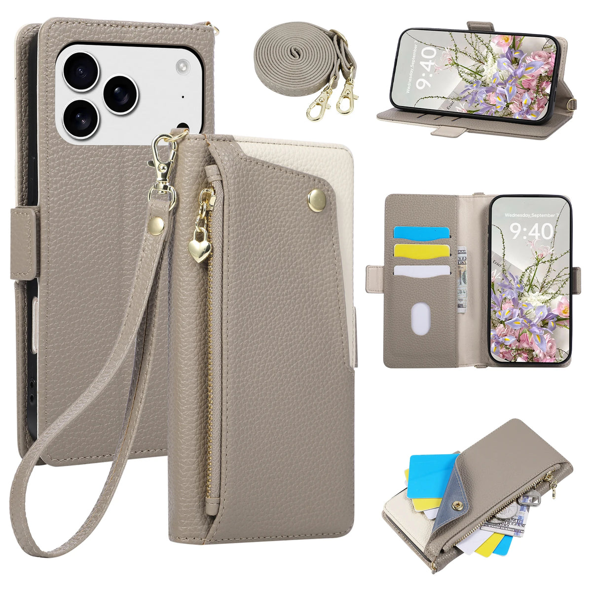 Pebbled Leather Crossbody Wallet Case with Detachable Shoulder Strap for iPhone 18 Series
