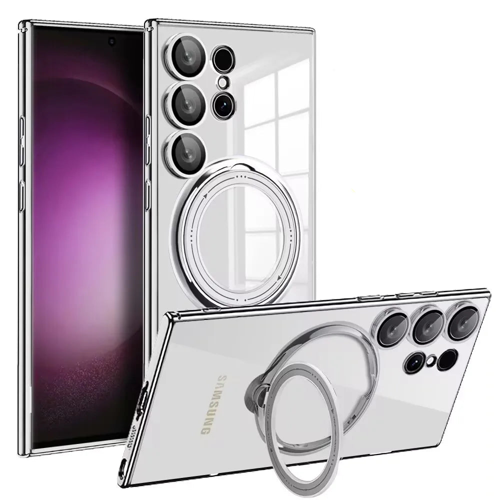 Samsung Galaxy S25 Series Shockproof Clear Magnetic Case with 360° Rotating Ring Stand