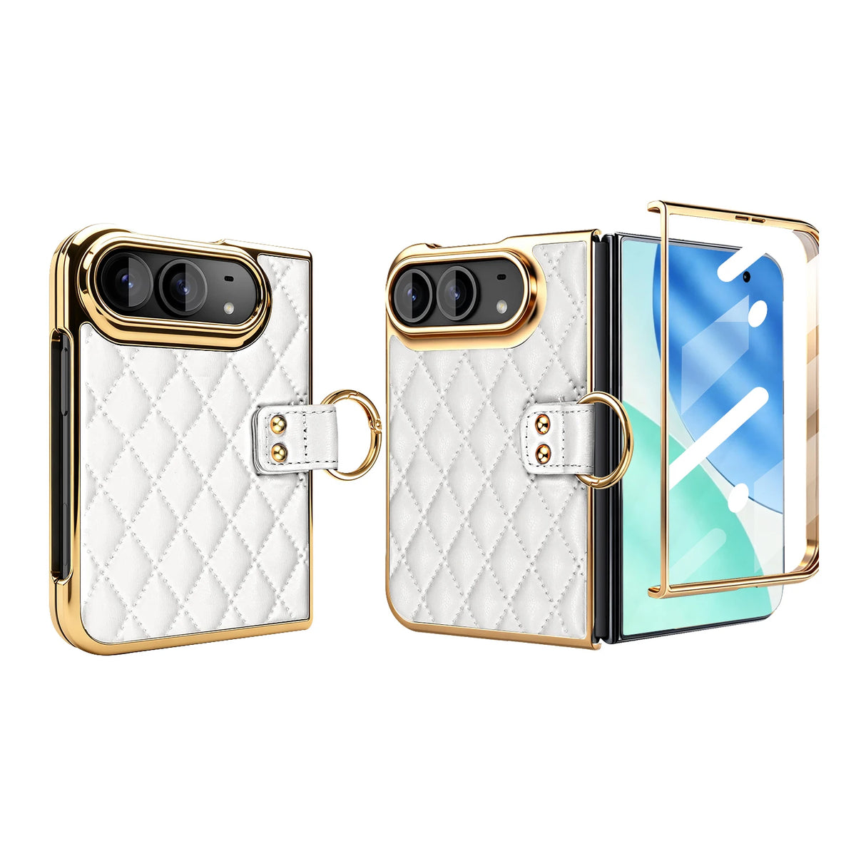 Quilted Leather Case with Ring Holder and Tempered Glass Film for iPhone Duo