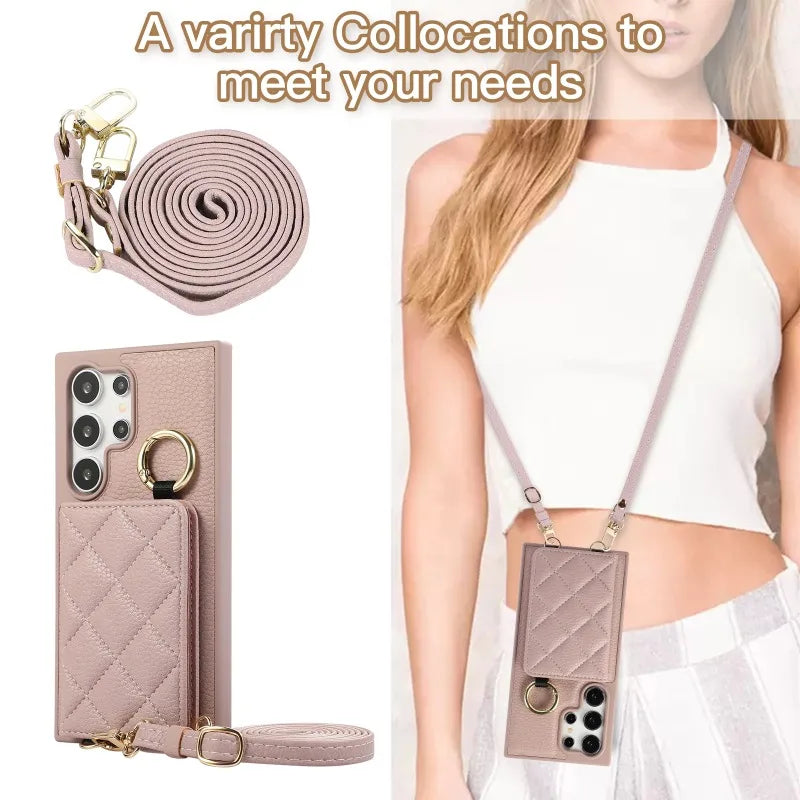 Crossbody Leather Ring Wallet Case with Mirror & Card Holder for Samsung Galaxy S24 Series