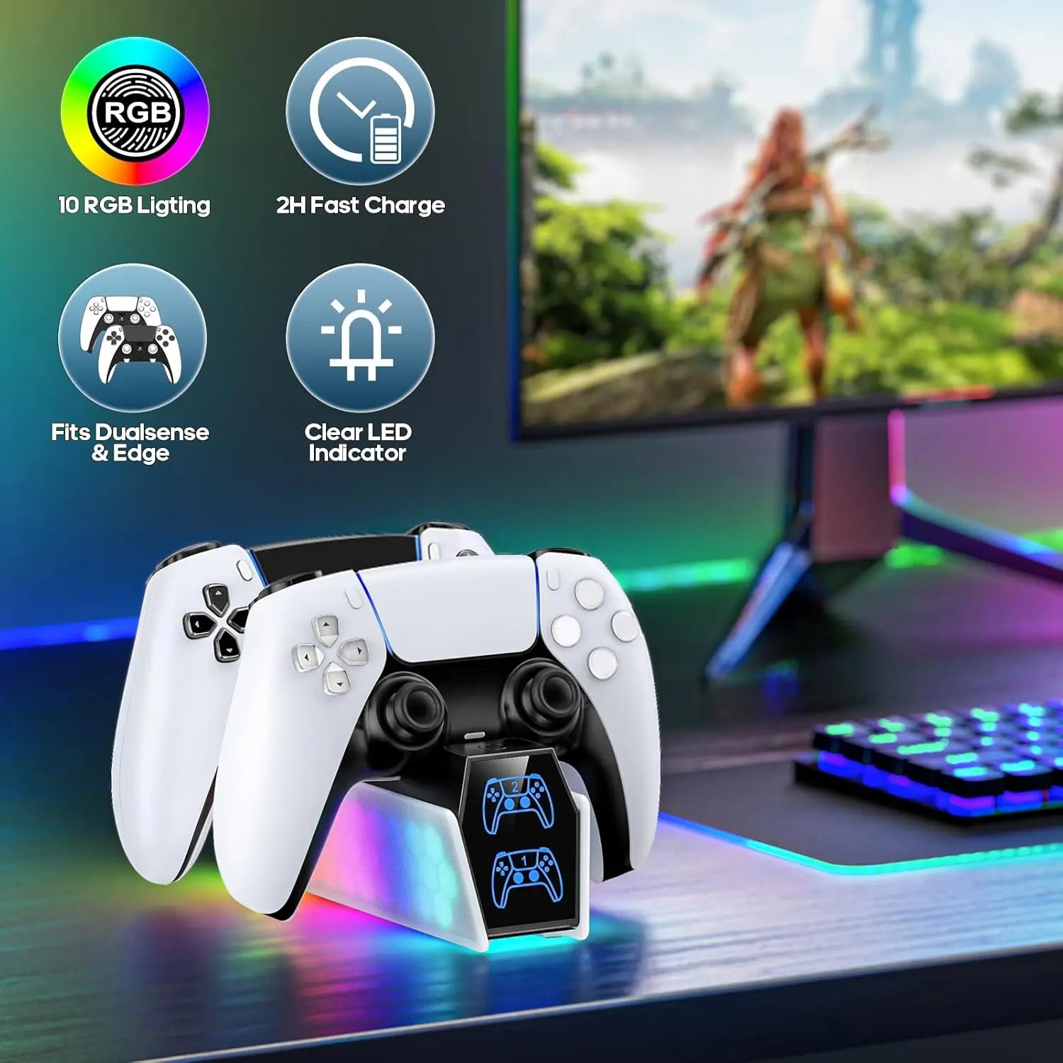 DualSense & DualSense Edge Compatible PS5 Controller Charger Station with LED Status Lights