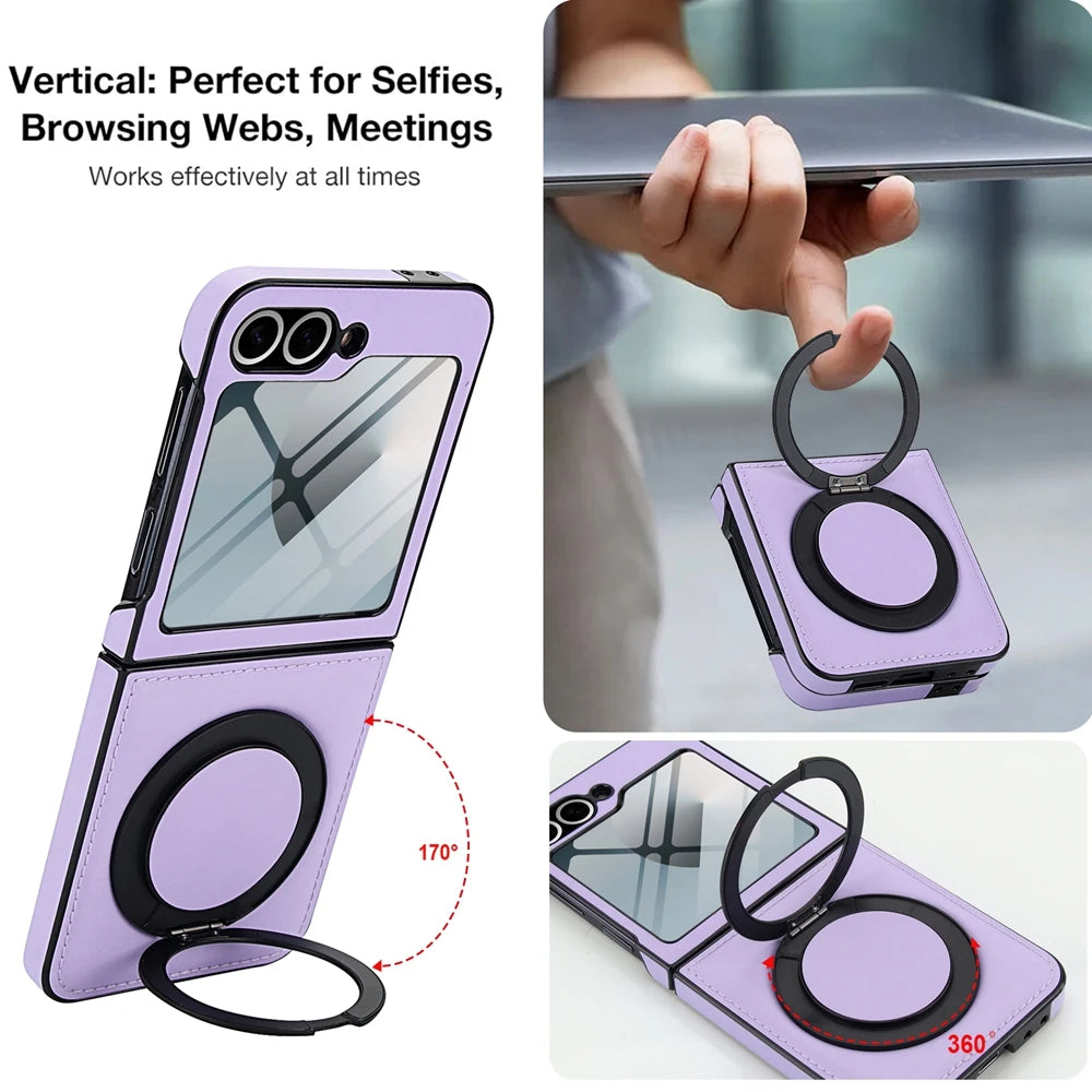 Protective Leather Magnetic Case with Ring Bracket & Glass Film for Samsung Galaxy Z Flip 6