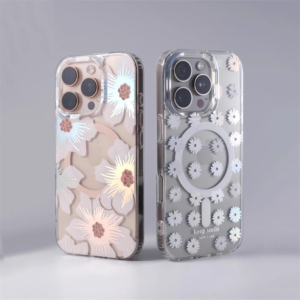 Transparent Floral MagSafe Case with Integrated Wireless Charging Ring for iPhone 15 Series