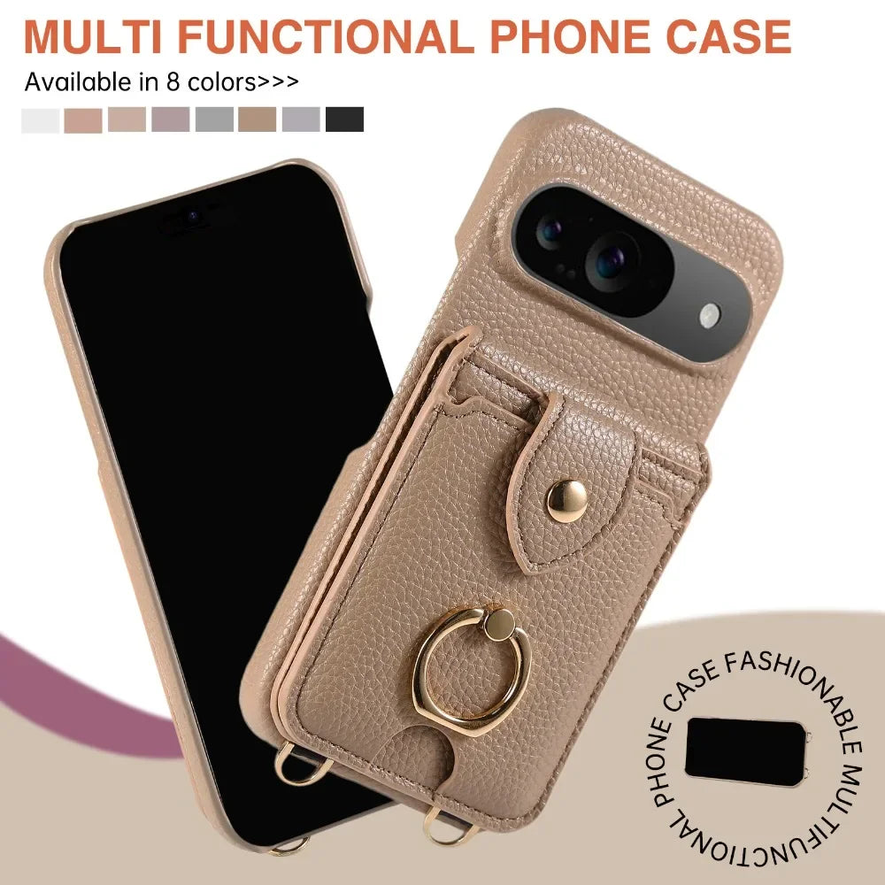 Leather Crossbody Wallet Phone Case with Ring Stand and Card Holder for Google Pixel 9 Series