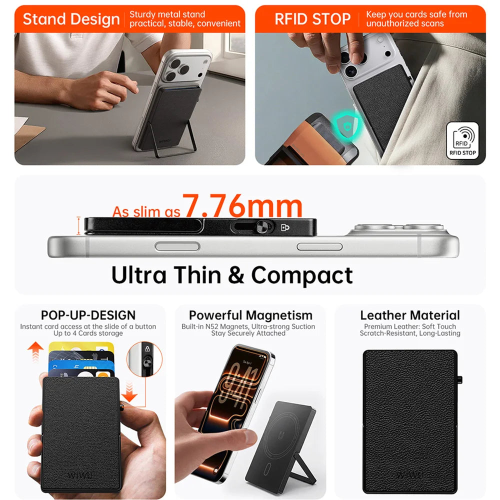 Magnetic Card Holder with Foldable Metal Stand