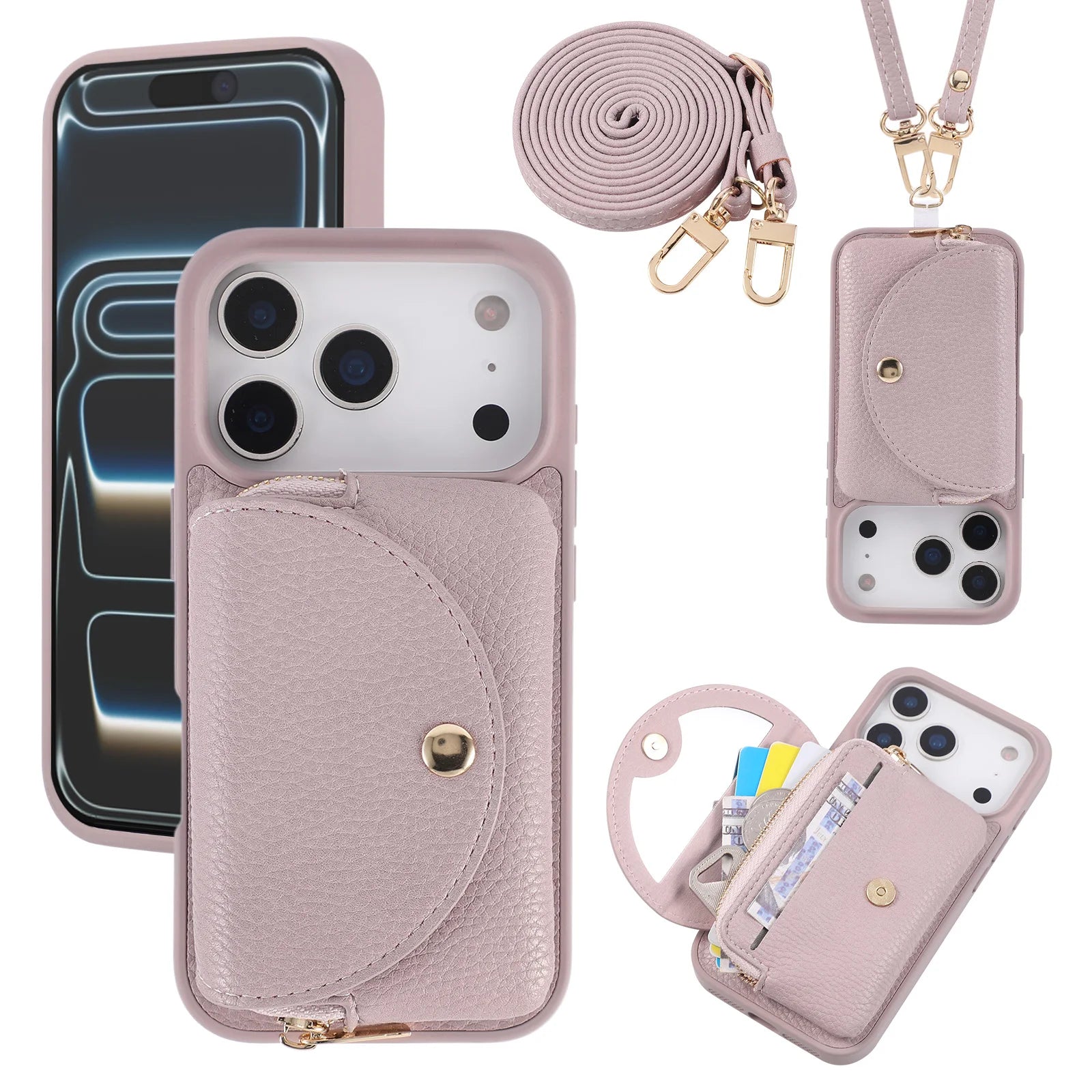 Crossbody Leather Wallet Case with Built-In Makeup Mirror for iPhone 17 Series