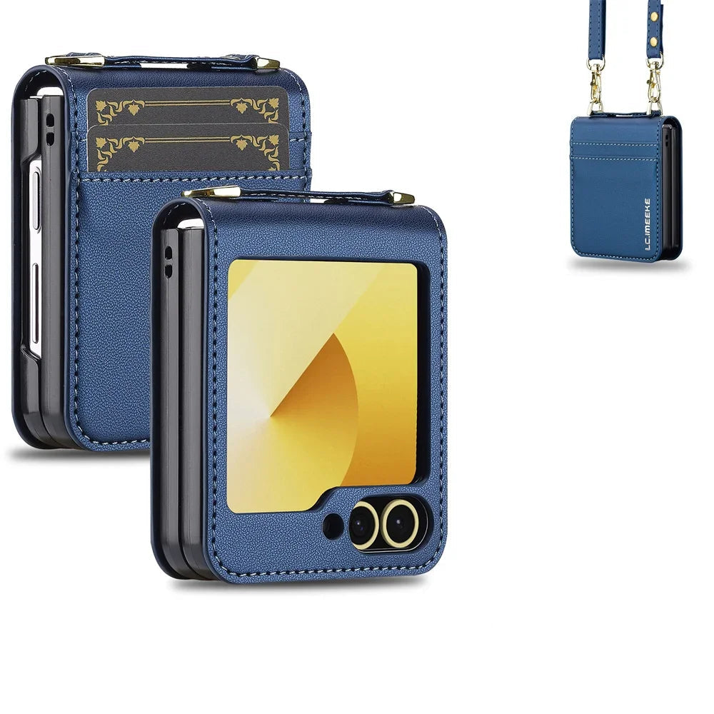 Samsung Galaxy Z Flip 6 Leather Case with Wrist Strap and Card Holder