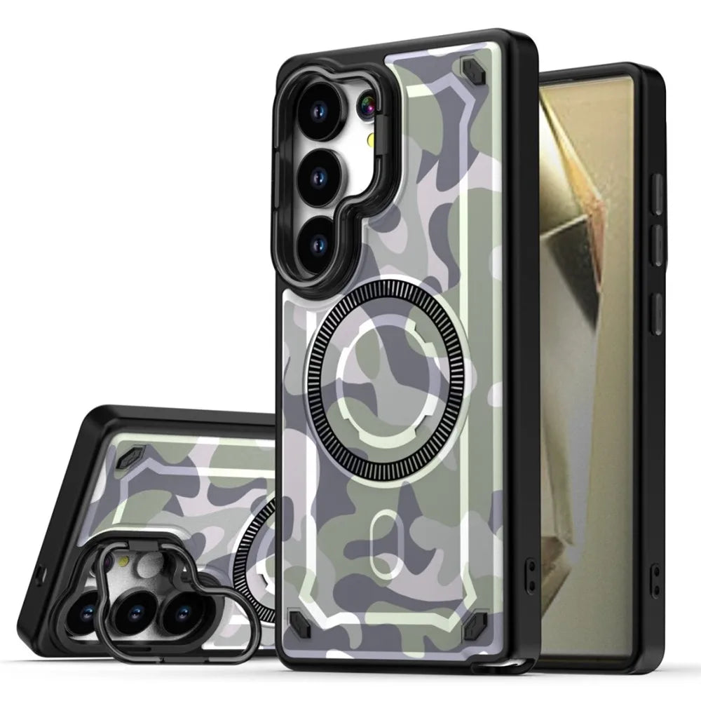 Protective Military Camouflage Magnetic Case with Lens Stand for Samsung Galaxy S24 Series