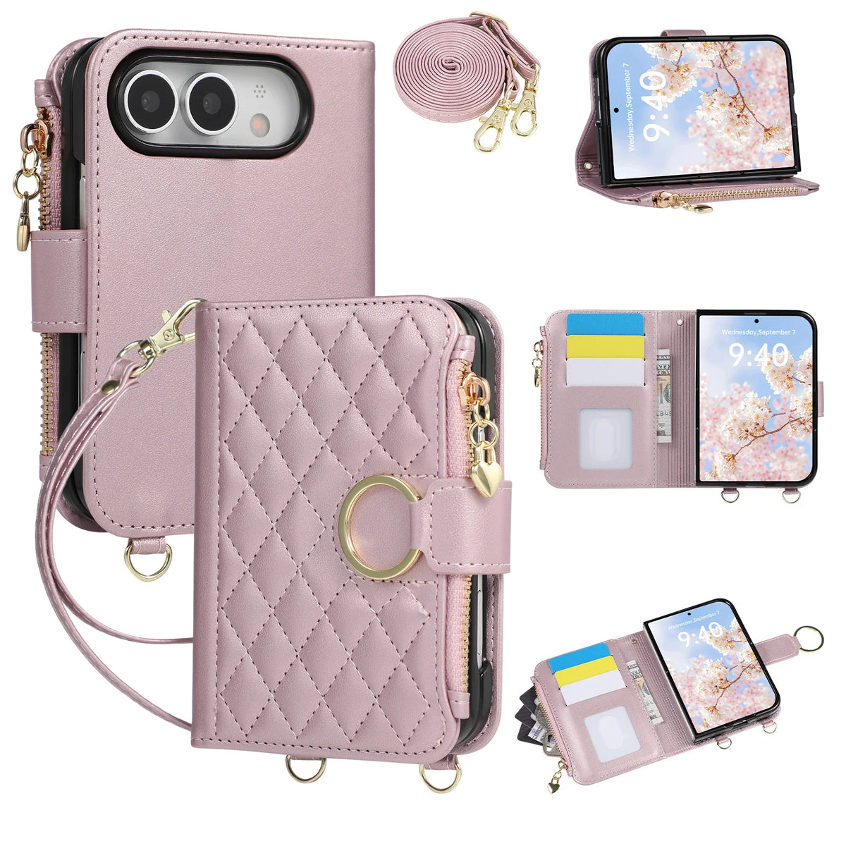 Leather Diamond-Quilted Crossbody Wallet Case with Detachable Long Lanyard Strap for iPhone Duo