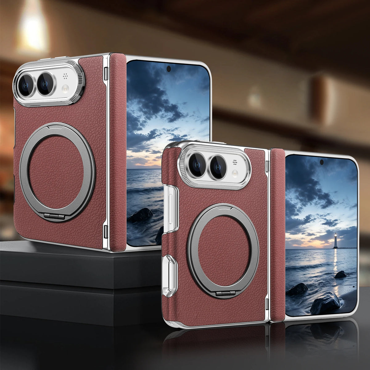 Shockproof Lychee Leather Case with 360° Rotating Ring Stand for iPhone Duo