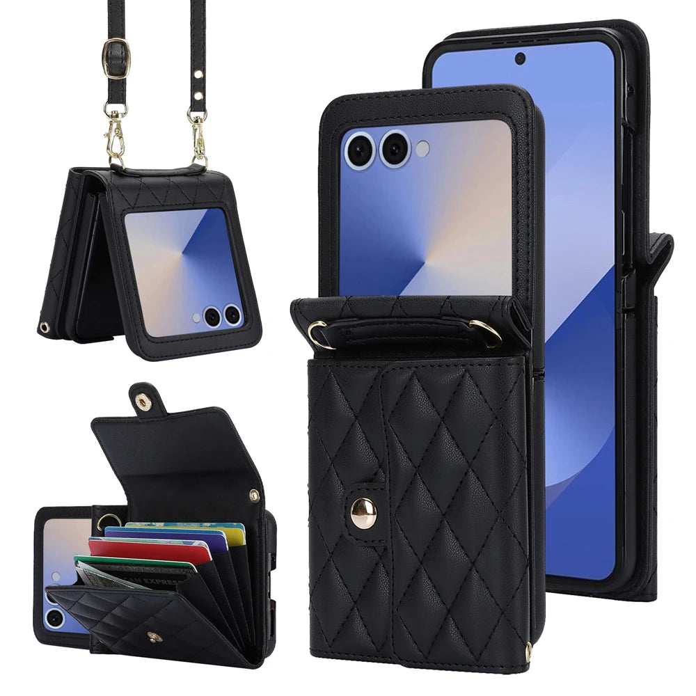 Anti-Drop Leather Wallet Case with Crossbody Strap and Card Holder for Samsung Galaxy Z Flip 7