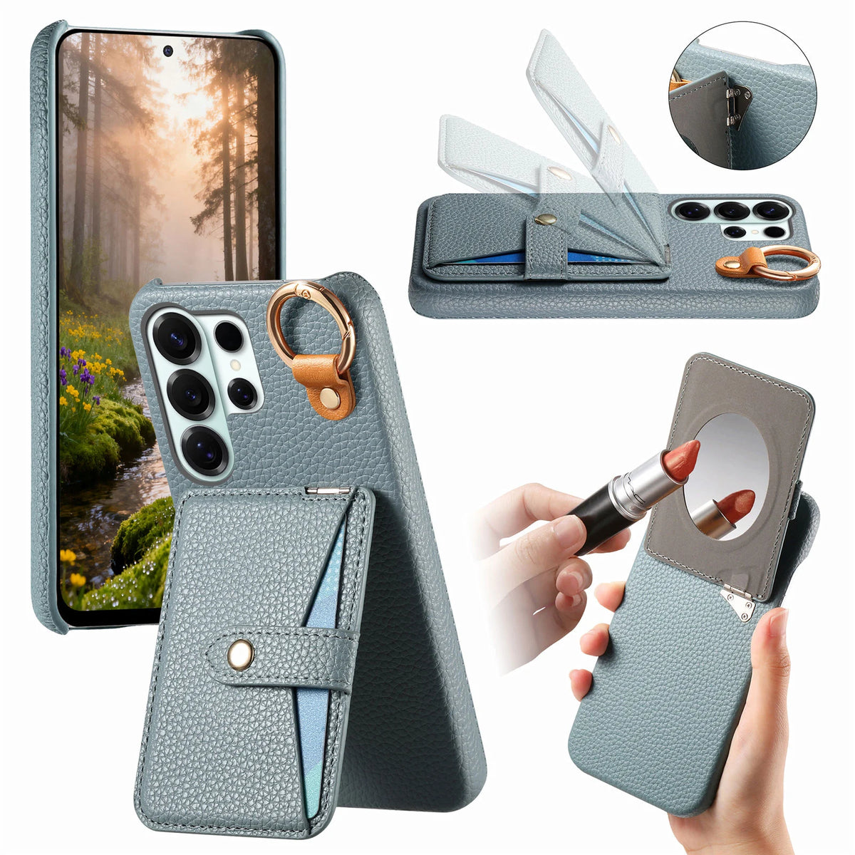 Pebbled Leather Ring Holder Case with  Makeup Mirror for Samsung Galaxy S22 Series