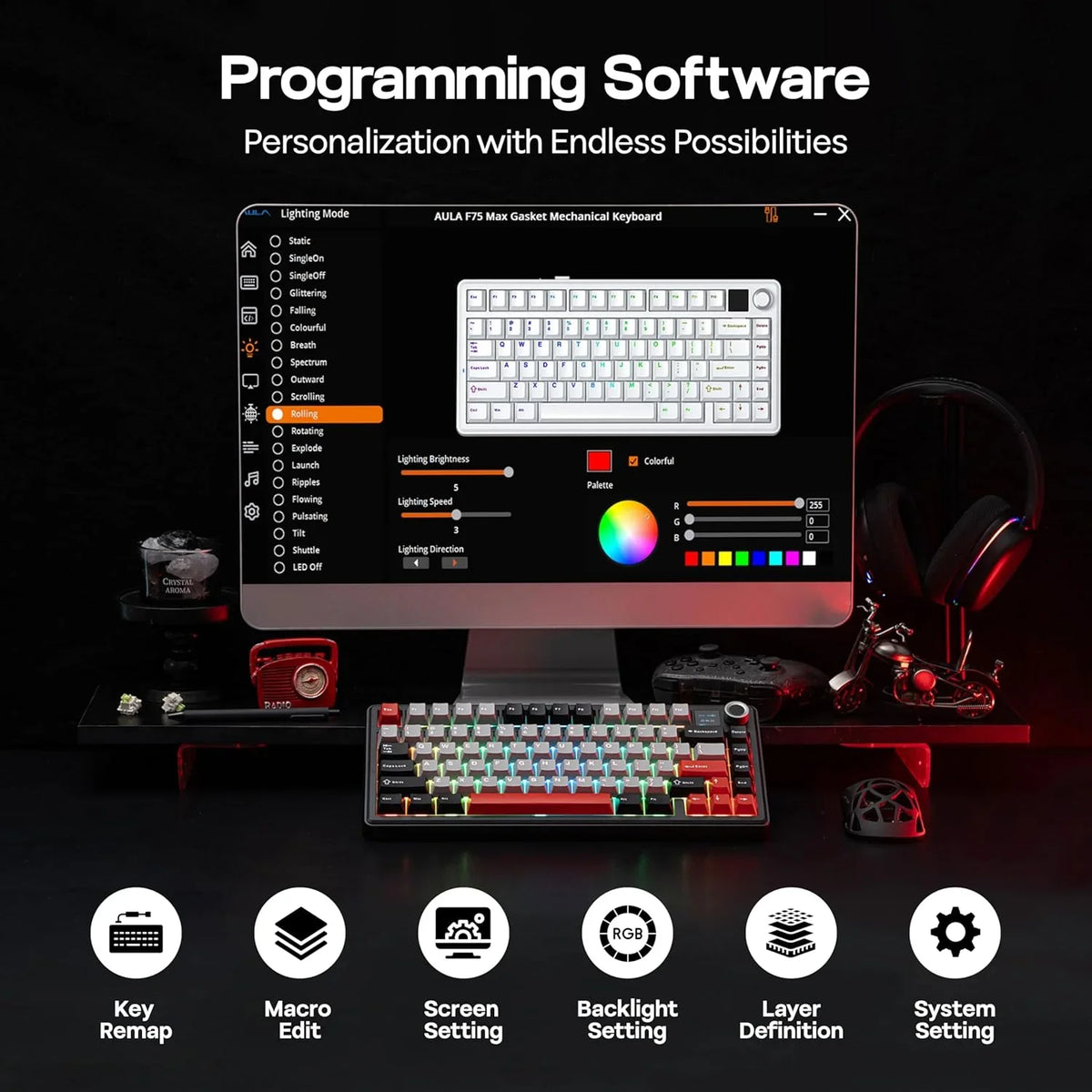 Aula F75 MAX 75% Wireless Mechanical Keyboard with LCD Screen