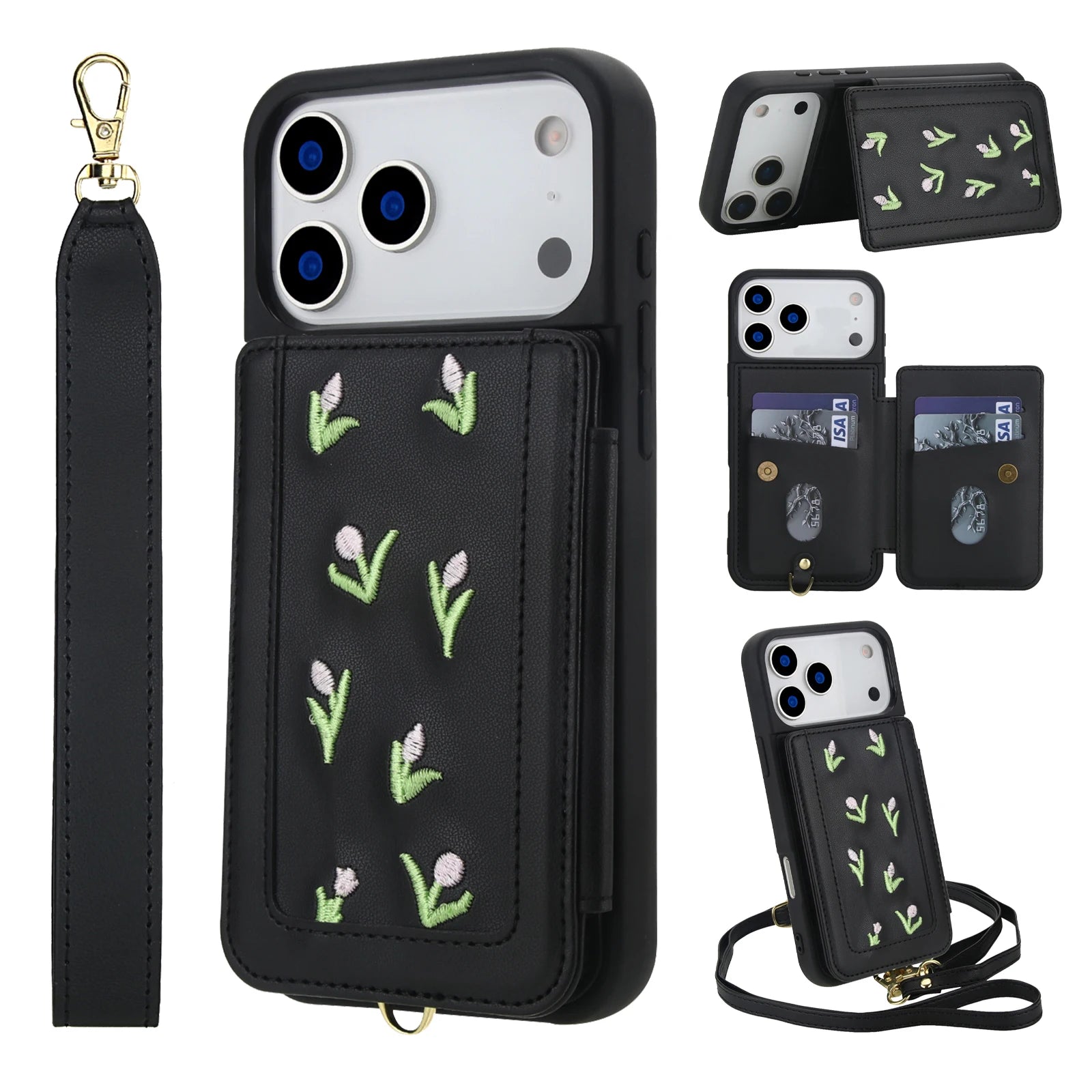 Skin Feel Embroidered Leather Wallet Case for iPhone 17 Series