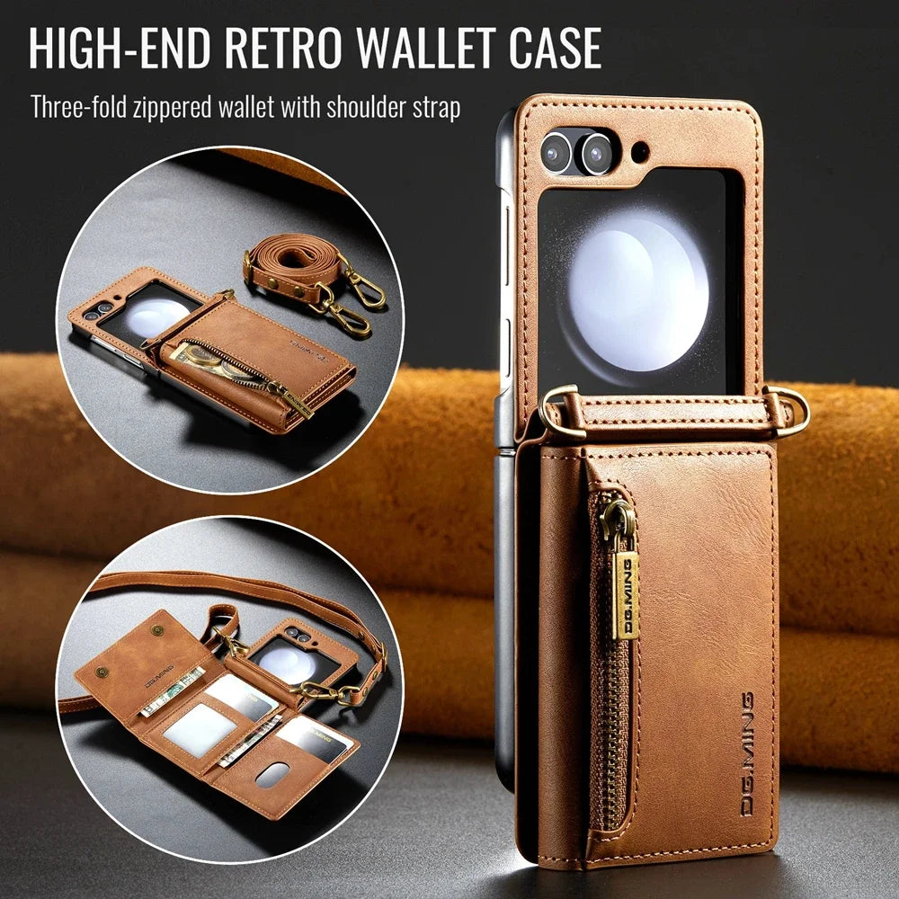 Crossbody Leather Wallet Case with Card Slot & Zipper for Samsung Galaxy Z Flip 6