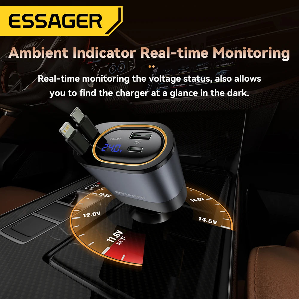 Essager 45W 4-in-1 Fast Car Charger with LED & Retractable USB-C Cable