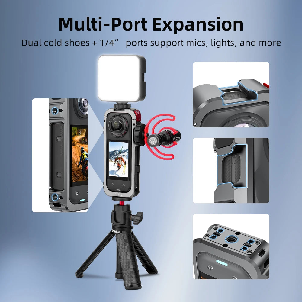 Protective Metal Cage with Cold Shoe & Lens Cover for Insta360 X5