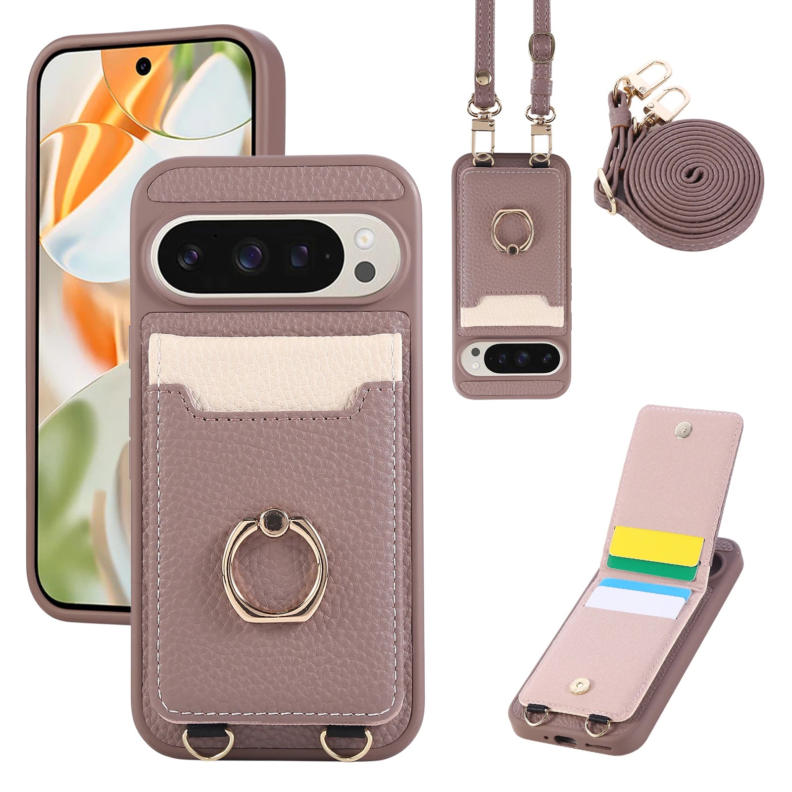 Lychee Grain Leather Crossbody Lanyard Case with Card Pocket for Google Pixel 8 Series