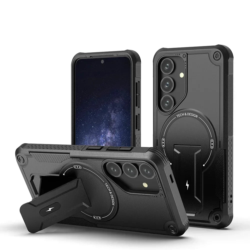 Black phone case with stand feature for Samsung S25 on a white background