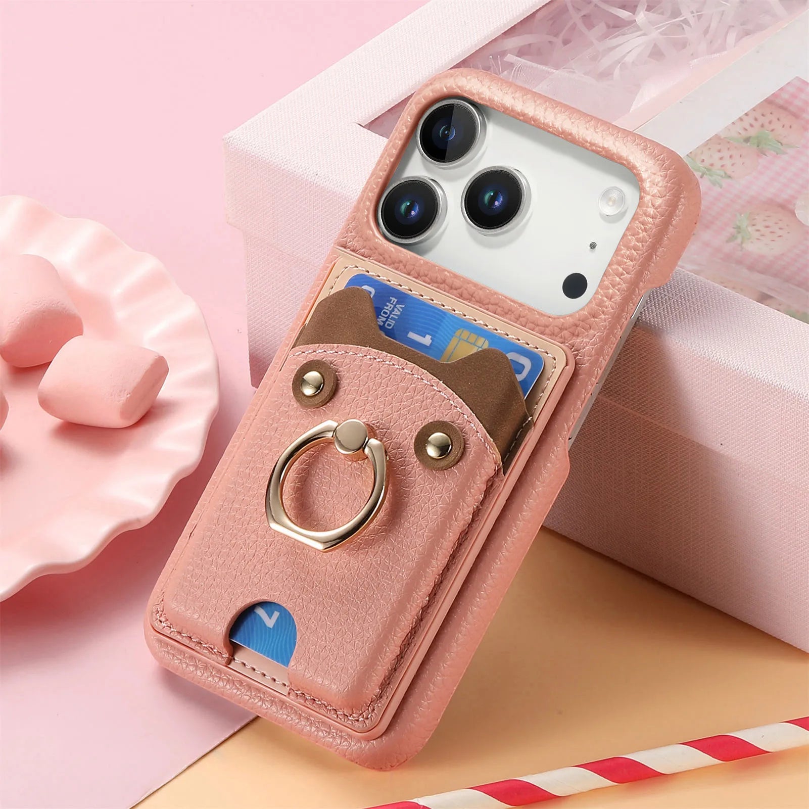 Premium Lychee Pattern Leather Wallet Case with Ring Holder & Vertical Card Slot for iPhone 17 Series