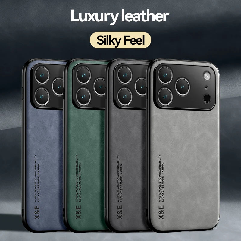 iPhone 17 Series PU Leather Magnetic Case with Built-In Metal Plate
