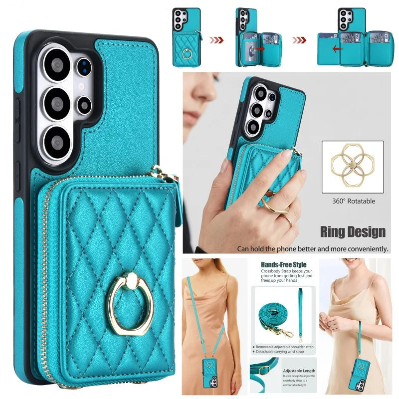 Crossbody Leather Wallet Case with Wrist Lanyard for Samsung Galaxy S26 Series