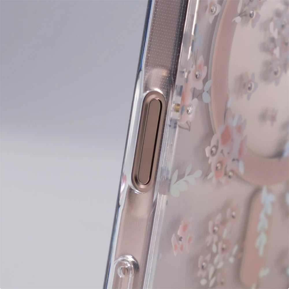 Transparent Floral MagSafe Case with Integrated Wireless Charging Ring for iPhone 15 Series