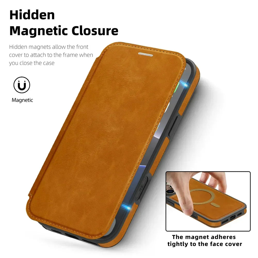 Premium Leather Flip Wallet MagSafe Case for iPhone 15 Series
