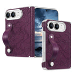 Embossed Floral Leather Case with Wrist Strap and Hinge Protection for iPhone Duo