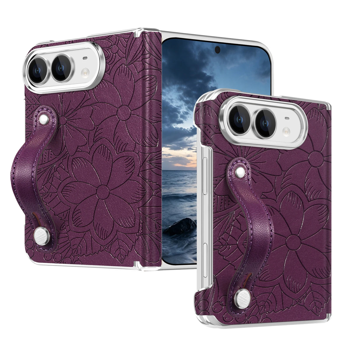 Embossed Floral Leather Case with Wrist Strap and Hinge Protection for iPhone Duo