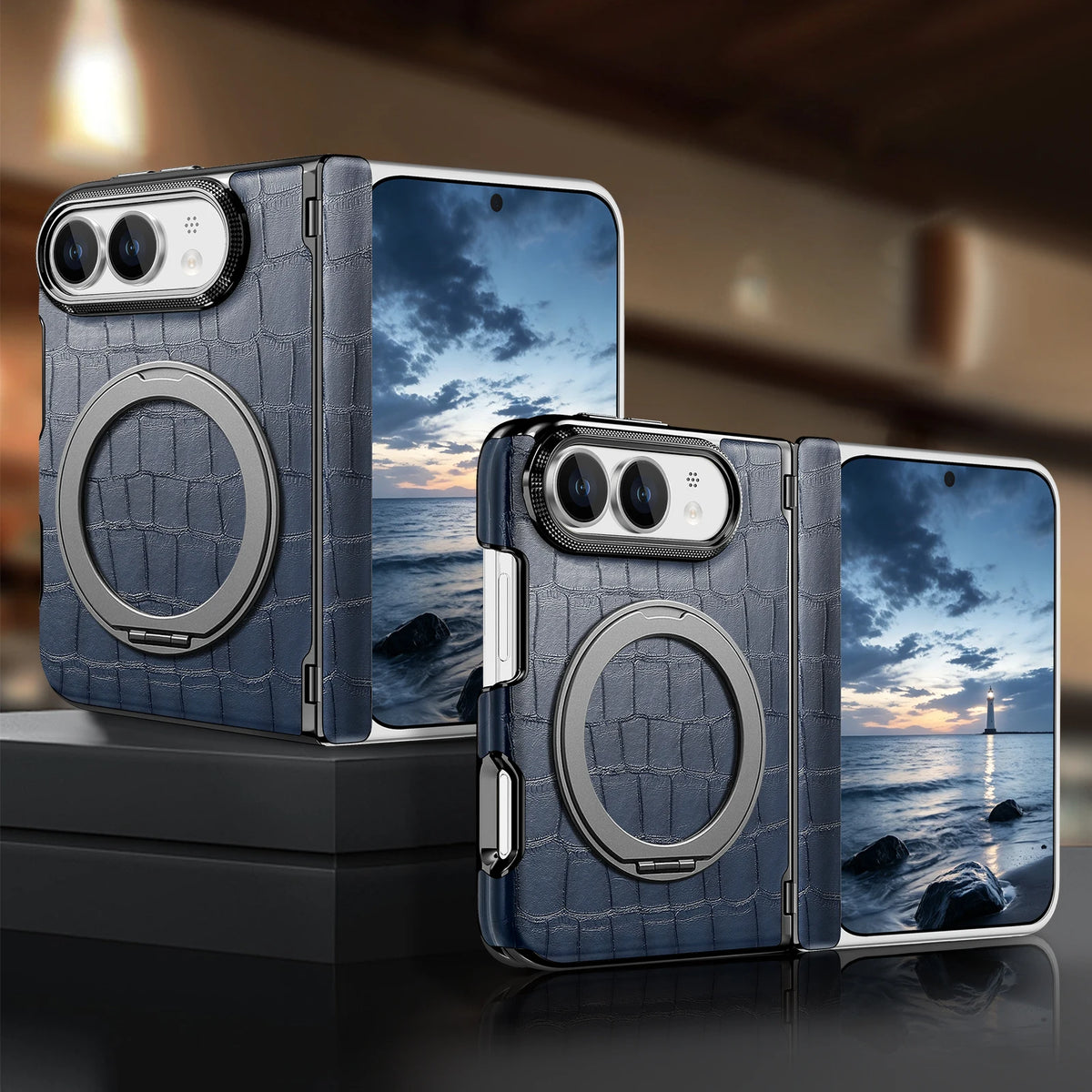 Crocodile-Pattern Leather MagSafe Case with 360° Rotating Ring Stand for iPhone Duo