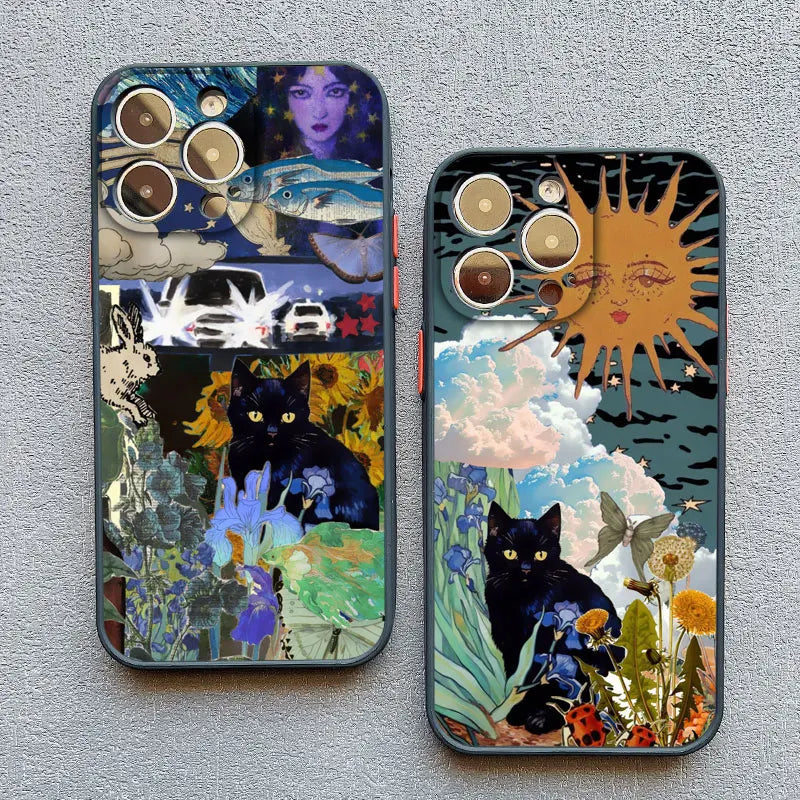 Abstract Art Cat Shockproof Back Phone Case for iPhone 15 Series