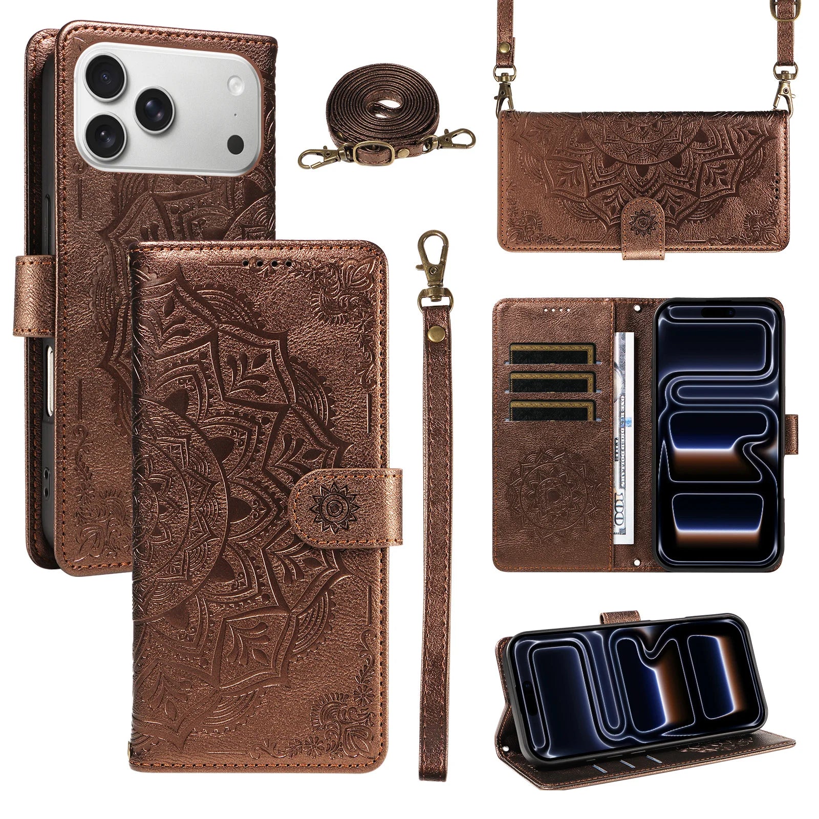 Embossed Datura Leather Wallet Case for iPhone 17 Series