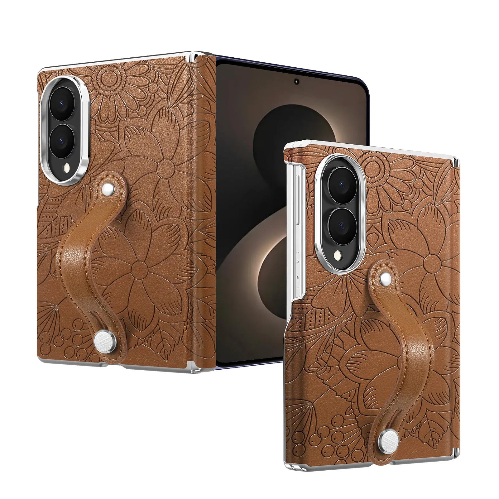 Fashion Embossed Leather Case with Wrist Strap for Samsung Galaxy Z Fold 8