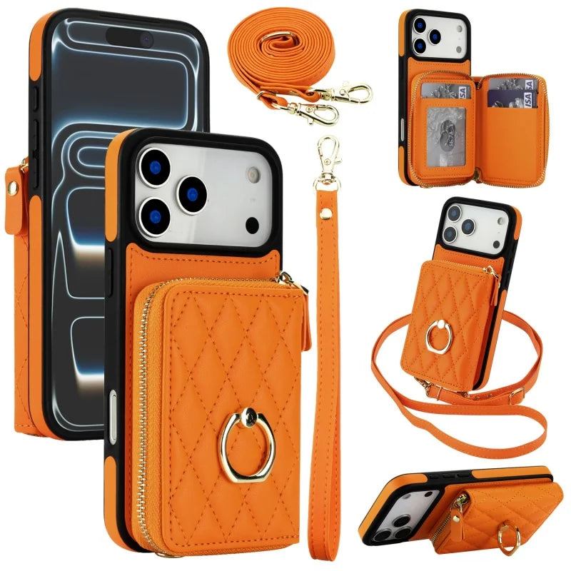 Leather Wallet Phone Case with Adjustable Lanyard for iPhone 17 Series