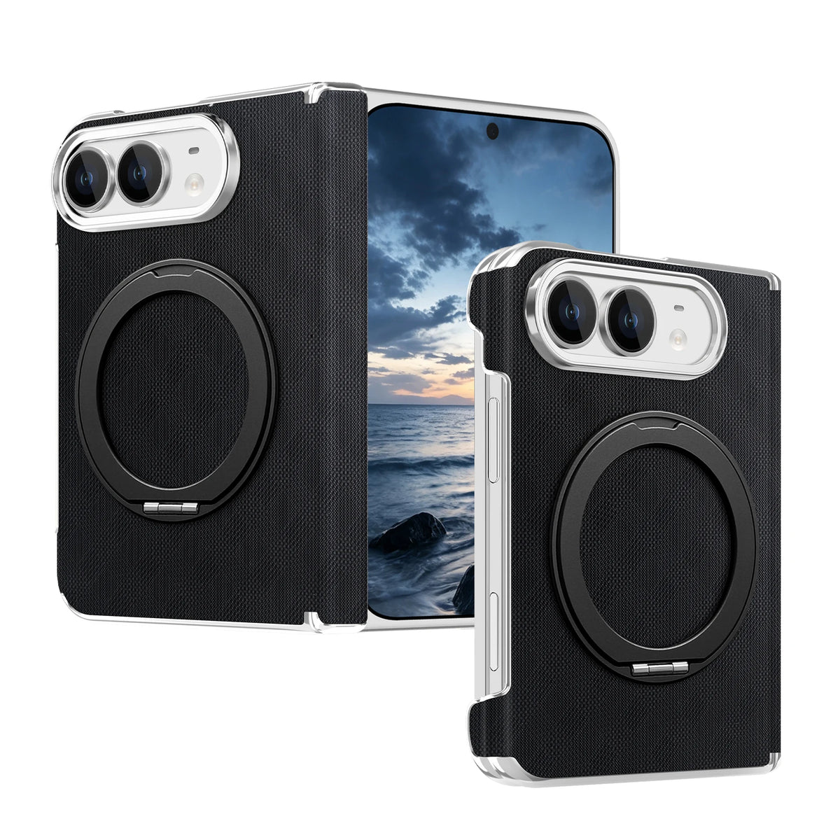 Textured Leather MagSafe Case with 360° Rotating Ring Stand for iPhone Duo