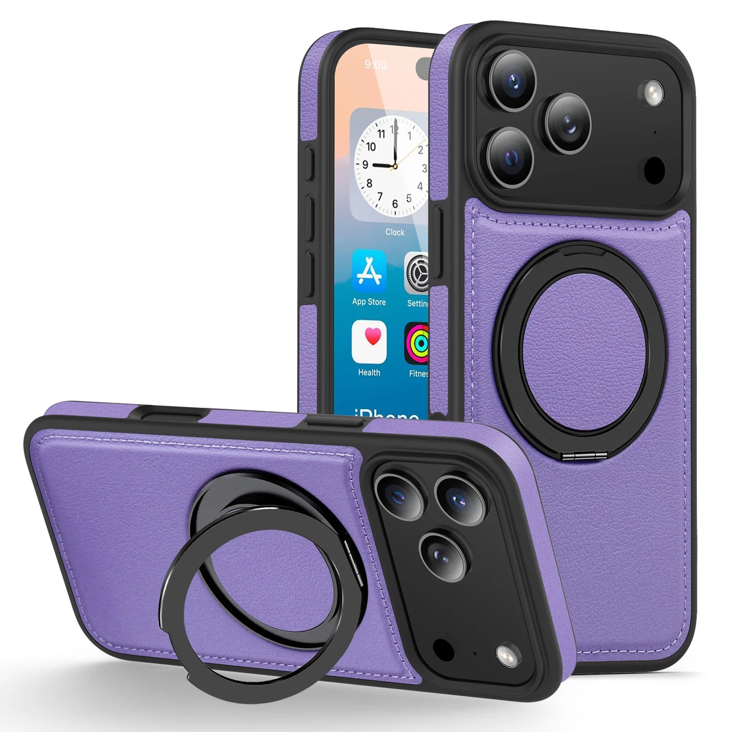 Premium Leather MagSafe Case for iPhone 17 Series with 360° Rotating Ring Stand