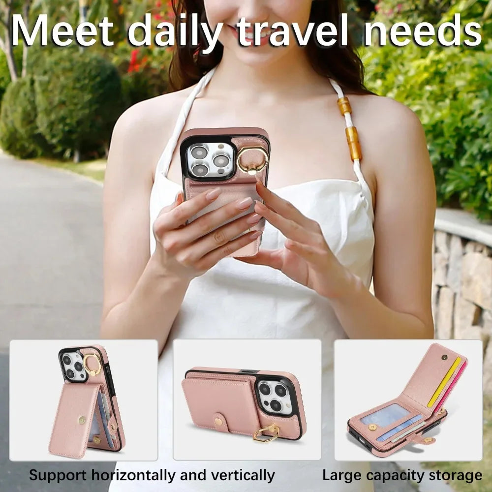 PU Leather Wallet Case with Card Slot and Ring Holder for iPhone 15 Series – Stylish & Functional
