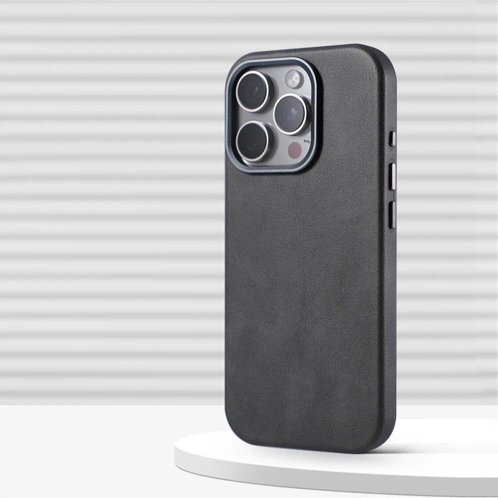 Luxury Business Retro Leather MagSafe Case with Alloy Lens for iPhone 16 Series