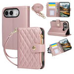 Quilted Diamond Leather Crossbody Wallet Case with Long Adjustable Lanyard Strap for iPhone Duo