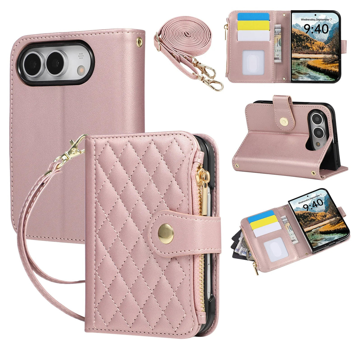 Quilted Diamond Leather Crossbody Wallet Case with Long Adjustable Lanyard Strap for iPhone Duo