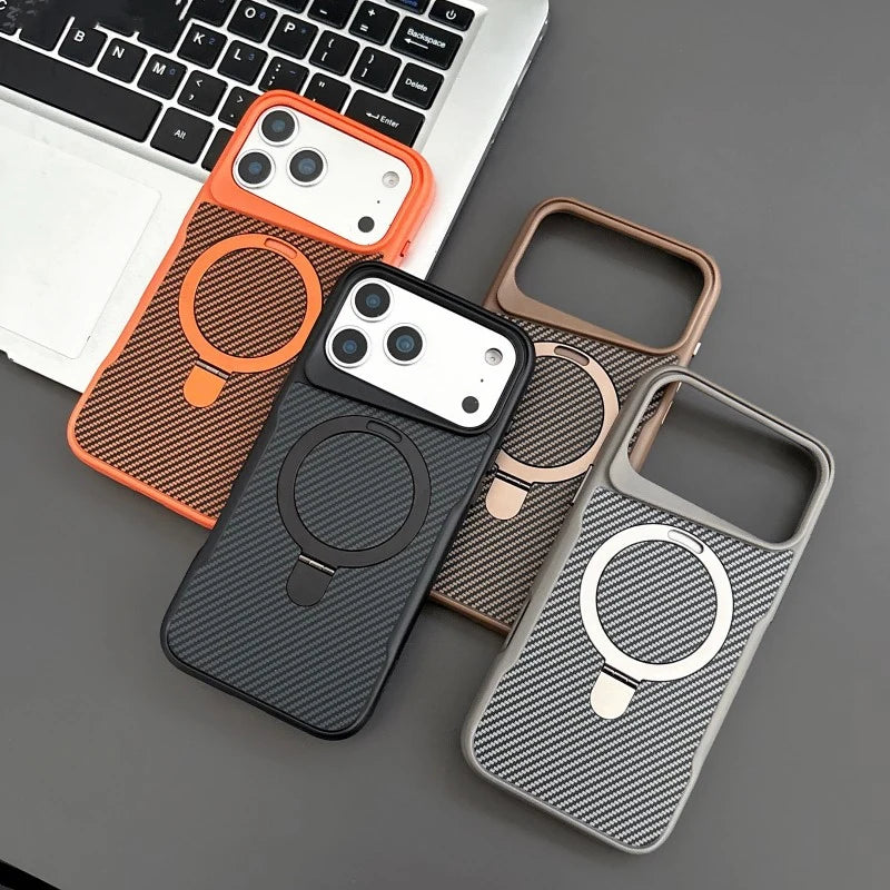 Premium Carbon Fiber Texture MagSafe Case with Bracket for iPhone 17 Series