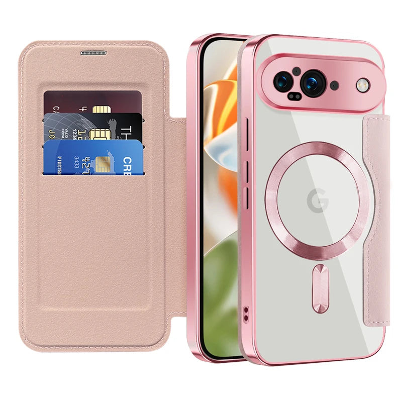 Google Pixel 9 Transparent Magnetic Flip Case with Leather Card Packet