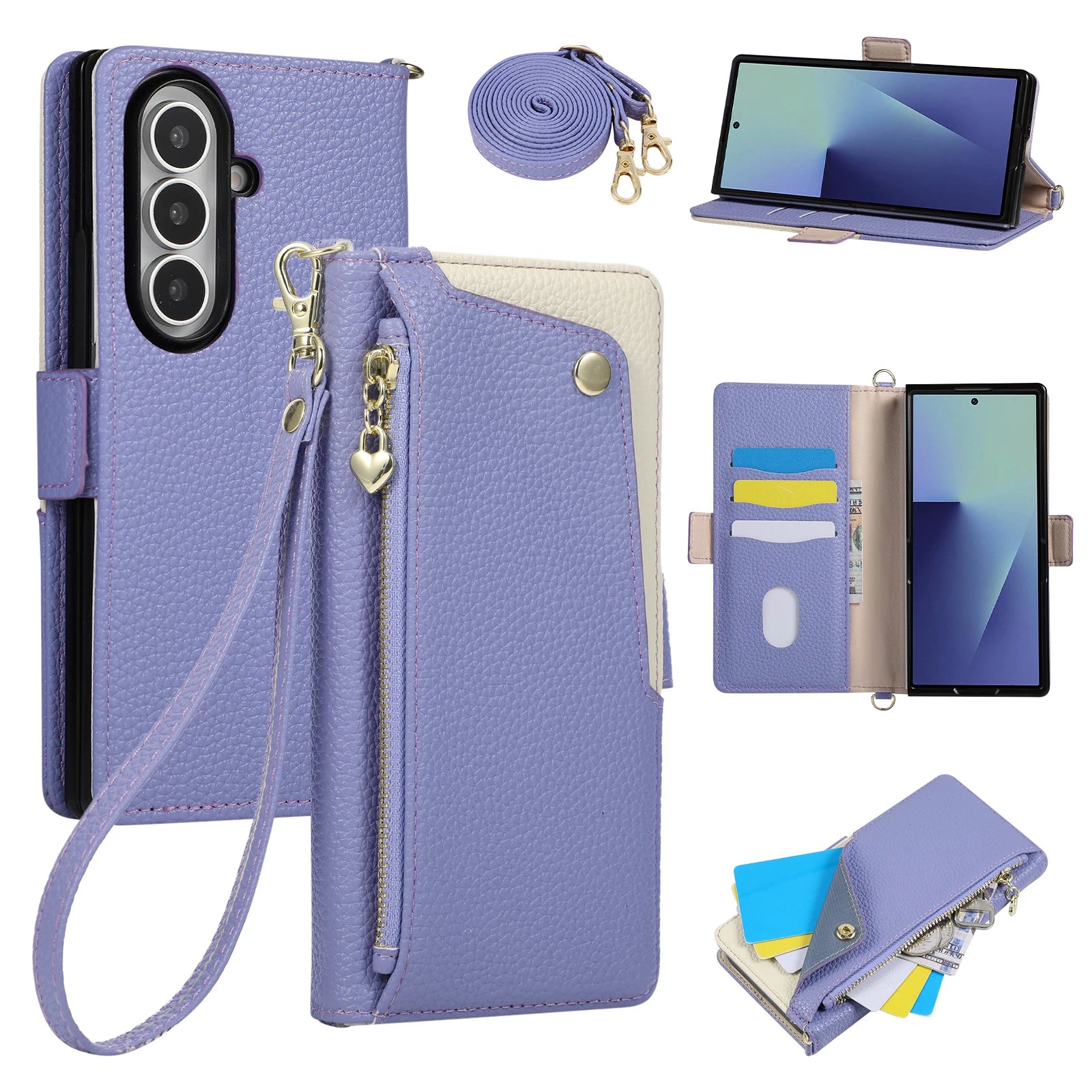 Crossbody Leather Wallet Case with Zipper Card Holder for Samsung Galaxy Z Fold 8 Ultra