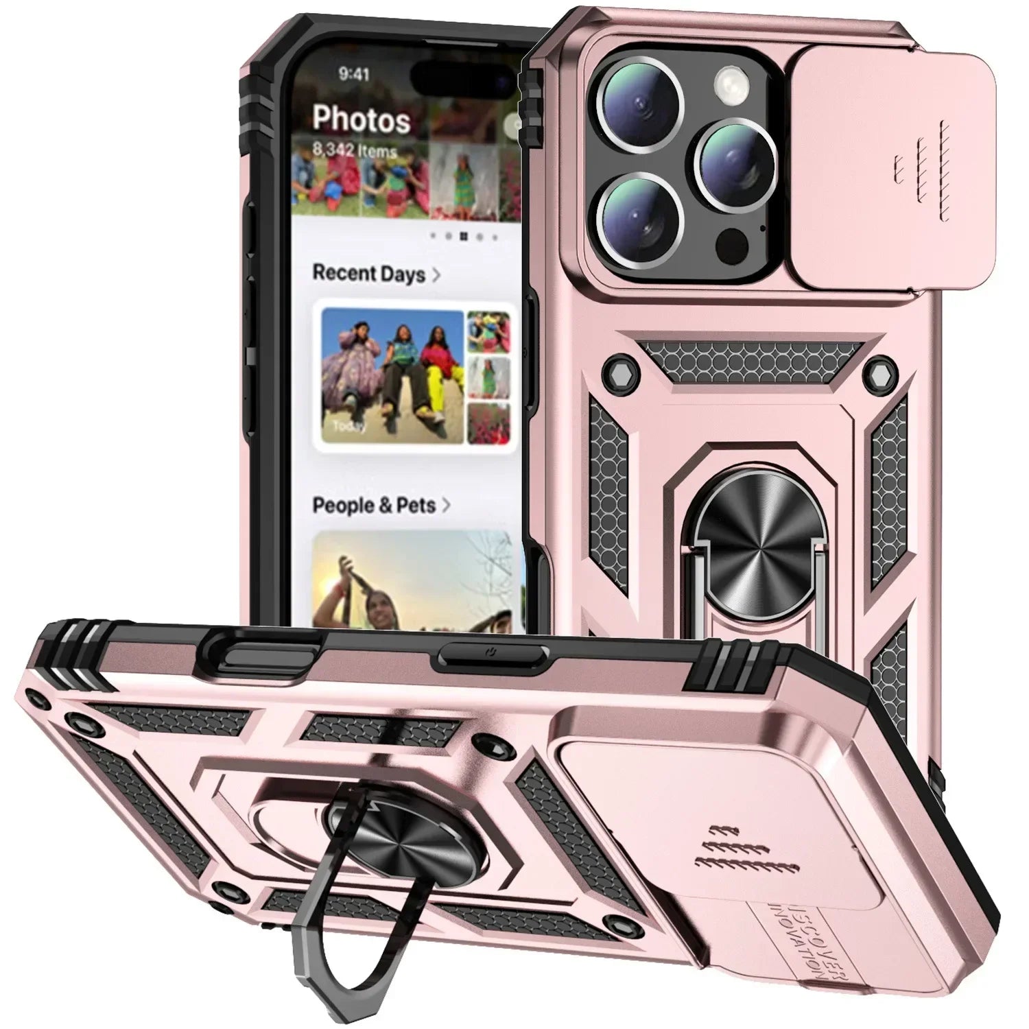Military-Grade Armor Case with Rotating Ring Stand & Slide Camera Lens for iPhone 15 Series